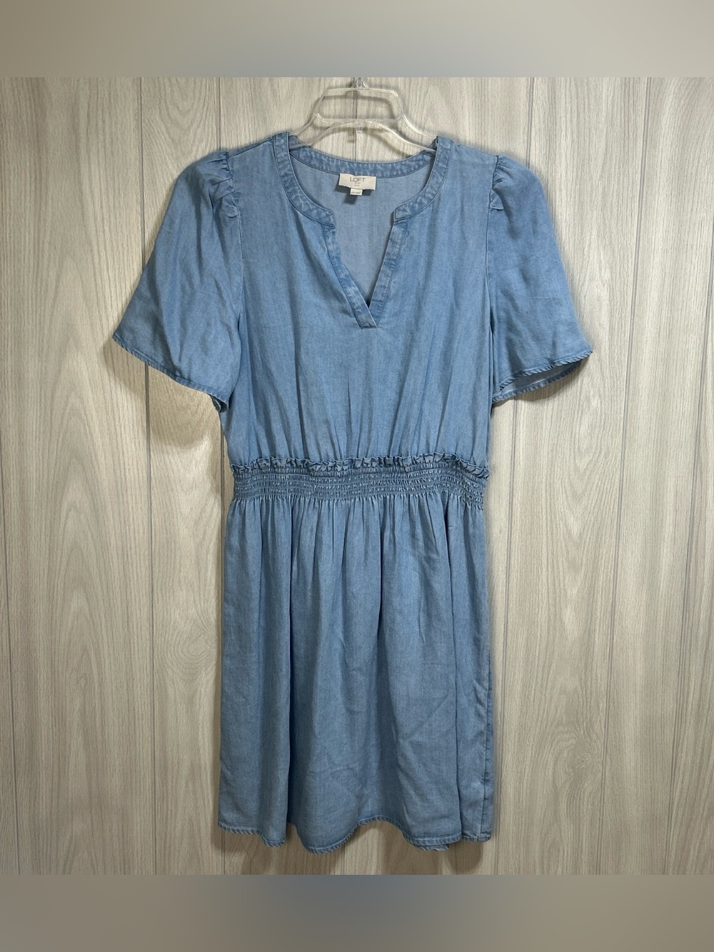 Loft Outlet Blue Dress Shirred Waist Knee Length V-Neck Dress Size LP